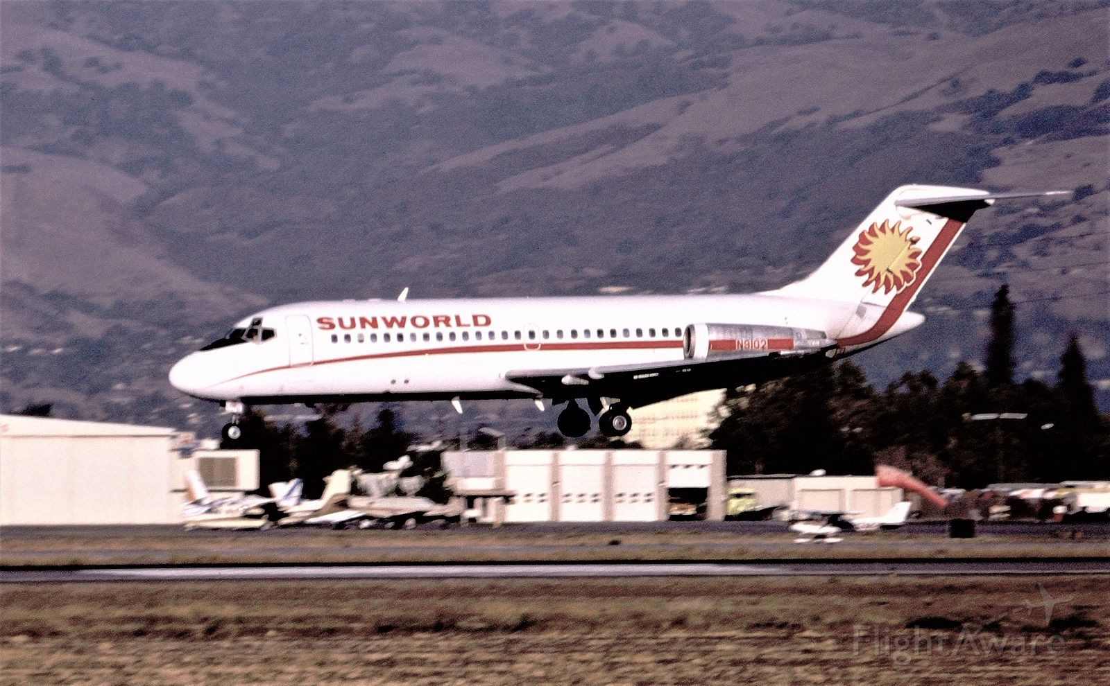 Douglas DC-9-10 (N9102) - KSJC - Im unsure on the date on this but has to be around 1980 early 80s at San Jose. This was rare at San Jose as this would have been a Charter and most likely gambliers Special. I rarely saw Sunworld at San Jose let alone a DC-9-10. Back in those days I rarely went into the terminal to ask or check the backboards for flights etc.This was taken on the west side of 30L right when they started building the San Jose Jet Center - as the fences were down and one could park and watch the Cops rarely bothered us.Later it was blocked off then they really started working on the SJJC.