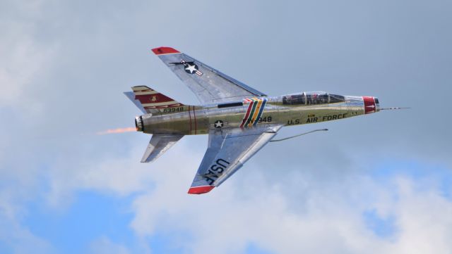 North American Super Sabre (N2011V) - Photo pass by F-100 Super Sabre at the Fort Wayne Air Show on September 11, 2016.  Notice clean configuration, as this rare bird is at its home field and external tanks were not needed.