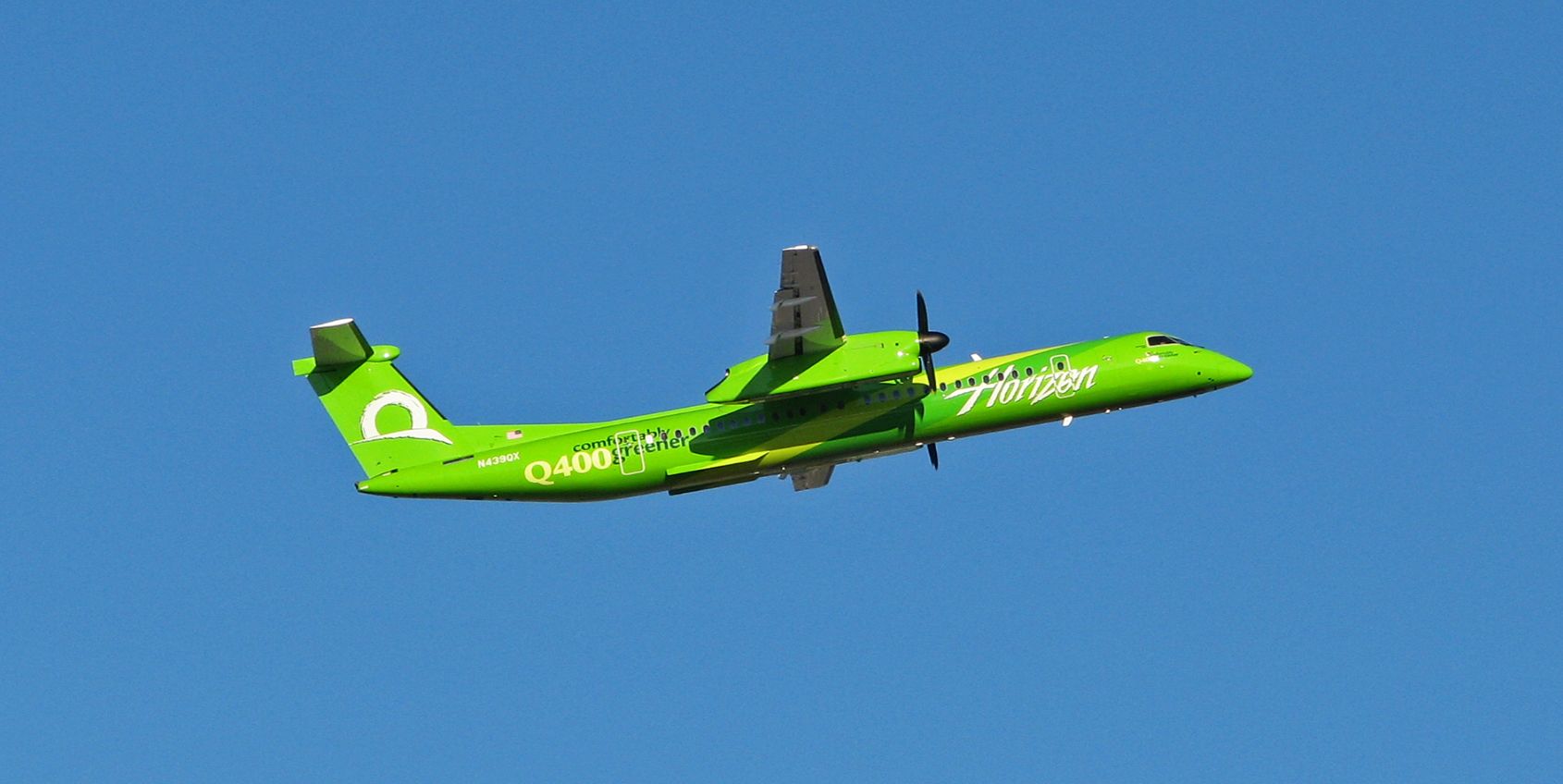 de Havilland Dash 8-400 (N439QX) - This photo, snapped exactly nine years ago today (on Aug 4, 2010) captures QXE's N439QX, which was one of two Horizon Dash 8s wearing the "Comfortably Greener" special livery, as it climbs up into a clear blue sky. A note of historic Horizon Air significance in this photo is the old tail scheme showing the "horizon." In the nine years since this photo was taken, some important changes have occurred at QX: a new livery, titles identifying the parent airline (Alaska) have been added on the fuselage, and new Embraer aircraft have been added to the fleet and are gradually replacing the Dash 8s. One thing; however, has not changed.  N439QX, now dressed in all new garb, is still performing daily revenue runs on QX routes.