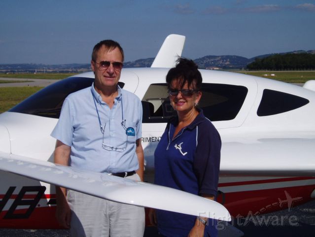 VELOCITY Velocity (HB-YHV) - On the way to Spain, during a fueling stop in Grenoble, France (LFLS). Herb and Ursula Wiehl take a break.