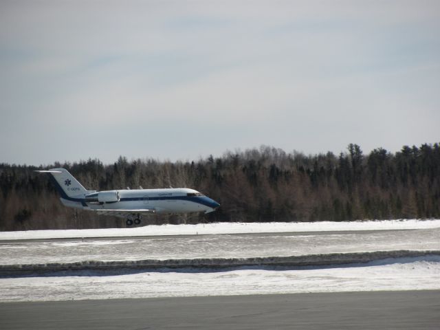 Canadair Challenger (C-GCFG) - Emergency landing at the Rouyn-Noranda Regional Airport on march 27th, 2011. A Challenger CL-600 " C-GCFG "(Quebec 11 Medevac) from Kuujjuarapik, Quebec landed safely on runway 26 after its front landing gear refused to open. Fortunately, the train was open when the aircraft touched down at the last second. Five passengers including the two pilots, a patient and the medical team were aboard the aircraft. Fortunately no injuries to report.  YouTube video of the landing available here:  http://www.youtube.com/watch?v=4lXgMgqEbqY