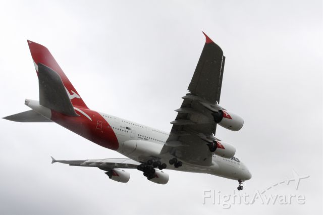 Airbus A380-800 (VH0QF) - Qantas Airbus A380 landing in light rain at LAX