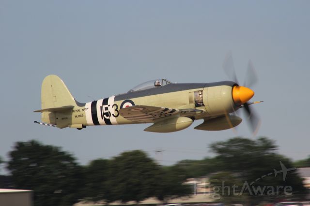 North American Fury (NX15S) - Hawker Sea Fury (the last propeller driven fighter to serve with the Royal Navy) on the quick climb off runway 18 Oshkosh during Friday Warbird Extravaganza