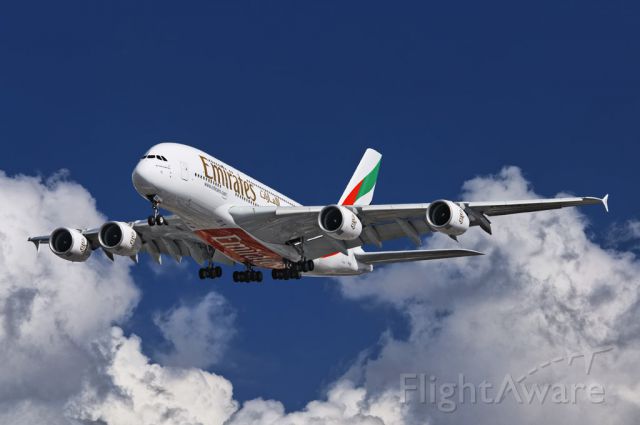 A6-EEO — - An Emirates operated Airbus A380-861 superjumbo on final approach to the Los Angeles International Airport, LAX, in Westchester, Los Angeles, California