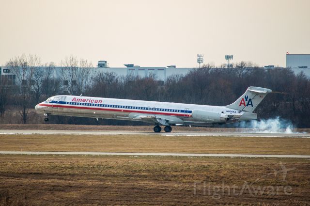 McDonnell Douglas MD-82 (N501AA) - American Airlines MD-82 landing at Chicago Romeoville Airport. This airplane is being donated to Lewis Universities Aviation Program. 