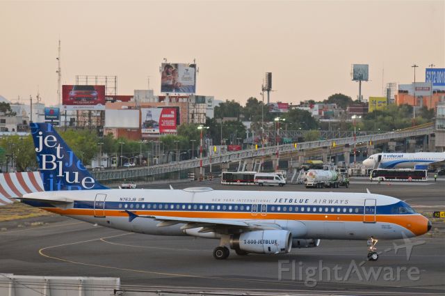 Airbus A320 (N763JB) - Airbus A320-232 N763JB MSN 3707 of JetBlue Airways (Retro Livery) named "whats old is blue again" taxiing to take off from Mexico City International Airport (04/2019).