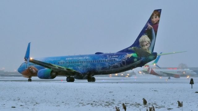 Boeing 737-800 (C-GWSV) - "Disney Frozen" heading to Rwy 24L @ YUL/CYUL during heavy snow fall.