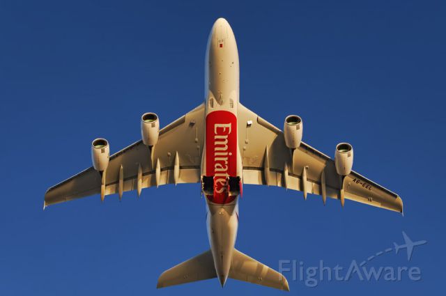 A6-EEL — - Seen from below, an Emirates operated Airbus A380-861 superjumbo takes to the skies, after liftoff from the Los Angeles International Airport, LAX, in Westchester, Los Angeles, California