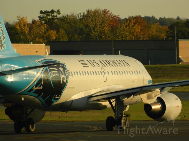 Airbus A319 (N717UW) - A US Airways A319 painted in the Carolina Panthers livery taxis to Runway 19 for an early departure to Charlotte.