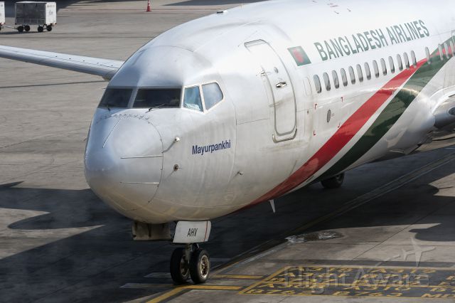 Boeing 737-800 (S2-AHV) - 21st Dec., 2019: Named "peacock" ("MayurPonkhi" in Bangla) she is one of two Boeing 737-800s owned outright by company. Four of the six B738s are dry leased and Biman currently has a fleet of 4 B773s; 4 B788s, 2 B789s and a couple of Bombardier Dash-8-Q400s - making it a small South Asian regional carrier. (See http://www.planexplorer.net/Xploregallery/displayimage.php?pid=1637 )