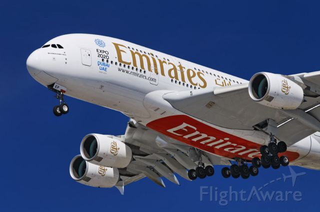 A6-EEP — - An Emirates operated Airbus A380-861 superjumbo with promotional "Expo 2020 Dubai UAE" emblem on final approach to the Los Angeles International Airport, LAX, in Westchester, Los Angeles, California