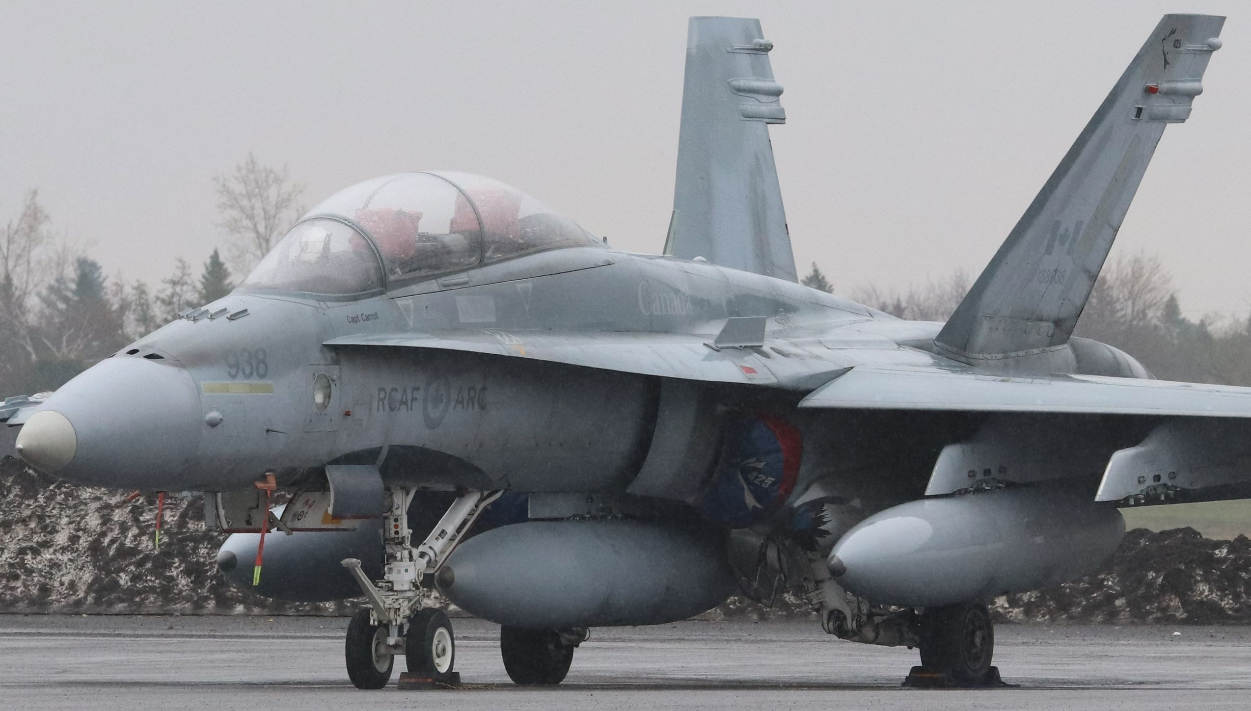 McDonnell Douglas FA-18 Hornet (18-8938) - Royal Canadian Air Force CF-188B “Hornet” 188938 of 425e Escadron d'appui tactique “Les Alouettes” from 3 Wing, Canadian Forces Base Bagotville at a drizzly YOW on 26 Apr 23.  425 Squadron was Canada’s first French Canadian Squadron and is the proud source of the name for the Montréal Alouettes of the Canadian Football League.  