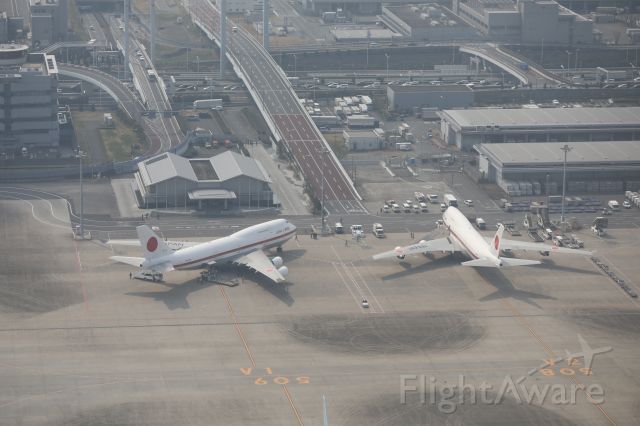 Boeing 747-400 (20-1101) - 19 March 2017:Japan Air Self-Defense Force.20-1101(Right),20-1102(left),br /Photo was taken from Aircraft after taking-off.HND RWY 34R.