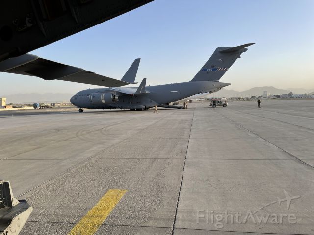 Boeing Globemaster III (08-0002) - SAC 02 from the Hungarian Defence Forces Pápa Air Base sitting on the ramp at Kabul International Airport during Operation Allies Refuge. August 27, 2021 17:44L.