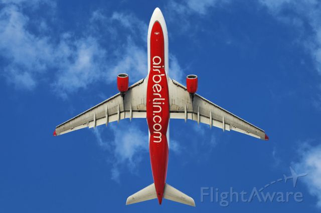 D-ALPE — - An Air Berlin operated Airbus A330-223 widebody jet seen from below moments after departure from the Los Angeles International Airport, LAX, Los Angeles, California