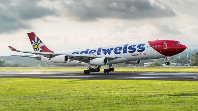 Airbus A340-300 (HB-JMG) - Edelweiss arriving by runway 07