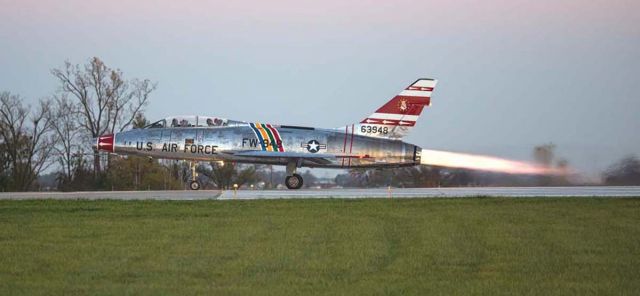 North American Super Sabre (N2011V) - Taking off at dusk from KFWA