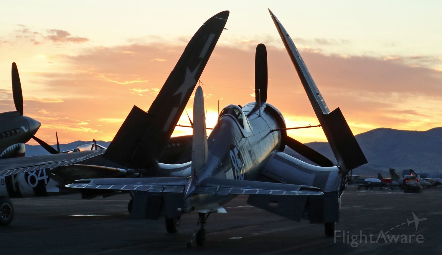 N209TW — - The first day of the 2017 Reno Air Races (aka: National Championship Air Races) started in spectacular fashion this morning when the Texas Flying Legends Museum personnel positioned their aircraft on the ramp for a sunrise photo op.  This shot captures their Goodyear FG-1D Corsair (N209TW / NX209TW) from behind as the sun is coming up over Reno Stead Airport.br /br /Recommend clicking on FULL for best viewing.