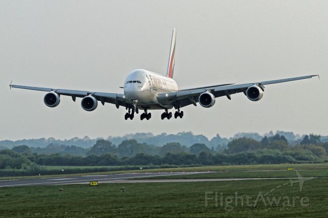 Airbus A380-800 (A6-EOY) - Evening arrival for one of the high density Emirates A380s.  UAE19 just before landing on 05R at Manchester.