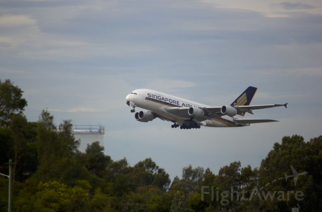 Airbus A380-800 (9V-SKD) - Poking through the trees coming out of 34L.