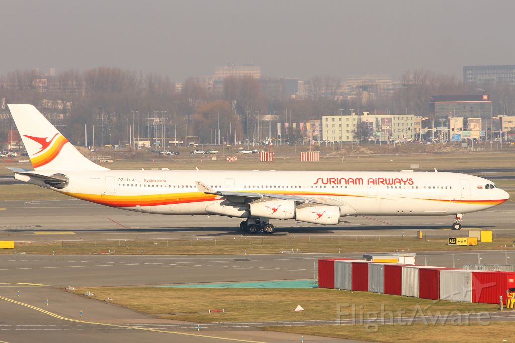 Airbus A340-300 (PZ-TCR) - PZ-TCR Surinam Airways Airbus A340-300 taxiing for takeoff from Amsterdam Schiphol en route to Paramaribo on flight PY993 at 15:29 on Sunday 18/02/18