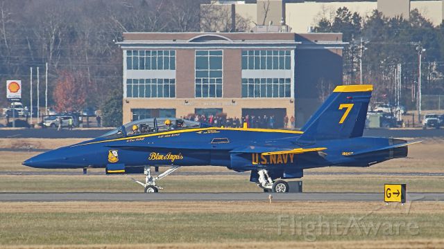 McDonnell Douglas FA-18 Hornet (16-2419) - December 11, 2018, Smyrna, Tennessee -- Blue Angel 7 just arrived on runway 14 for a meeting with local leaders and Air Show Executives in preparation for the Great Tennessee Air Show.  The Air Show will be held on June 8-9, 2019. Details: a rel=nofollow href=http://greattennesseeairshow.com/https://greattennesseeairshow.com//a