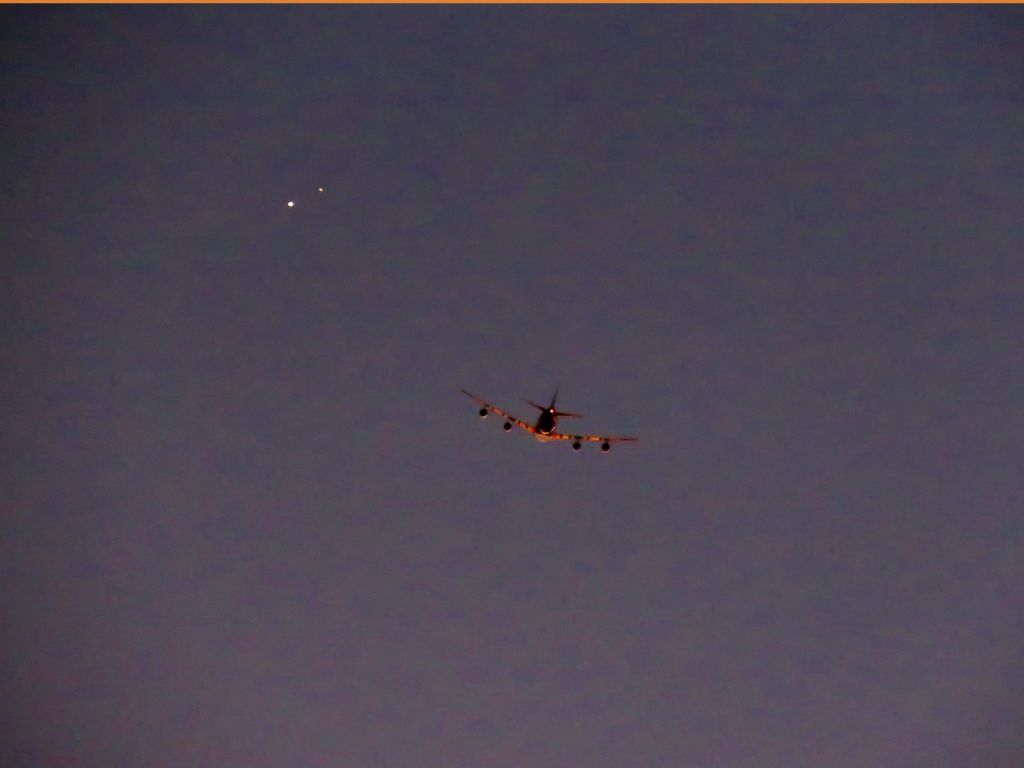 — — - I was setting up to take some pictures of the conjunction tonight. Saw this UPS Boeing 747 climbing so picked up my Canon SX60HS PowerShot, set it to 65X optical zoom. Time was 5:52PM. Lo and Behold, above and just to the left were Saturn and Jupiter! No photoshopping, slight cropping 