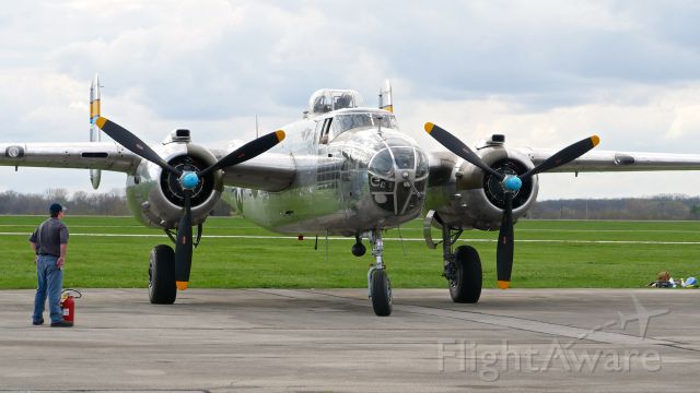 North American TB-25 Mitchell (N27493) - B-25J-20 Miss Mitchell (SN 44-29869) prepares for an engine start on the ramp at Grimes Field, Urbana, OH on 4.16.17.