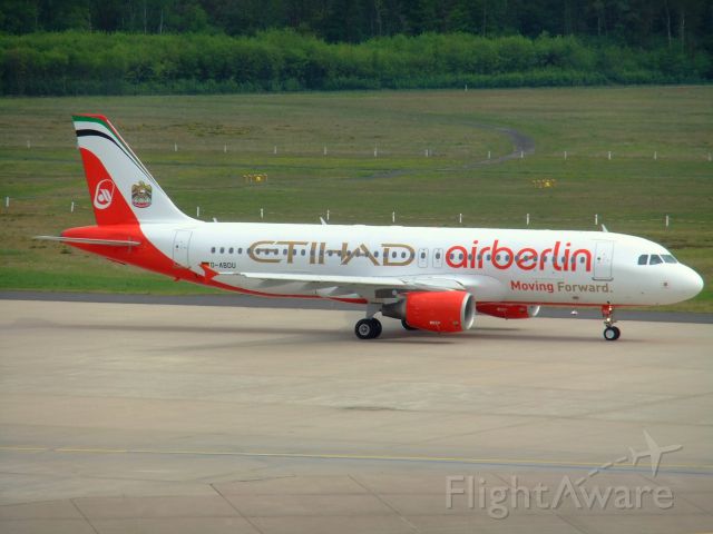 Airbus A320 (D-ABDU) - Air Berlin A320-200 D-ABDU taxiing to 14L CGN, 26.04.2014. The reg ABDU is chosen well for this bird, demonstrating the Air Berlin / Etihad connection: little Abdul will take off soon ...