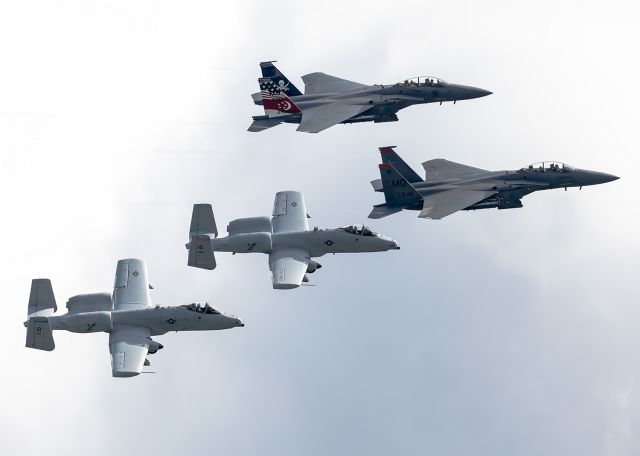 05-0007 — - A flyover to salute the health care workers of southern Idaho from May of this year. Featuring two IDANG A-10's from the 124thFW/190th FS "SkullBangers", F-15E 366th FW "br /Gunfighters/ 391st FS "Bold Tigers" and F-15SG of the Republic of Singapore Air Force 428th FS "Buccaneers"