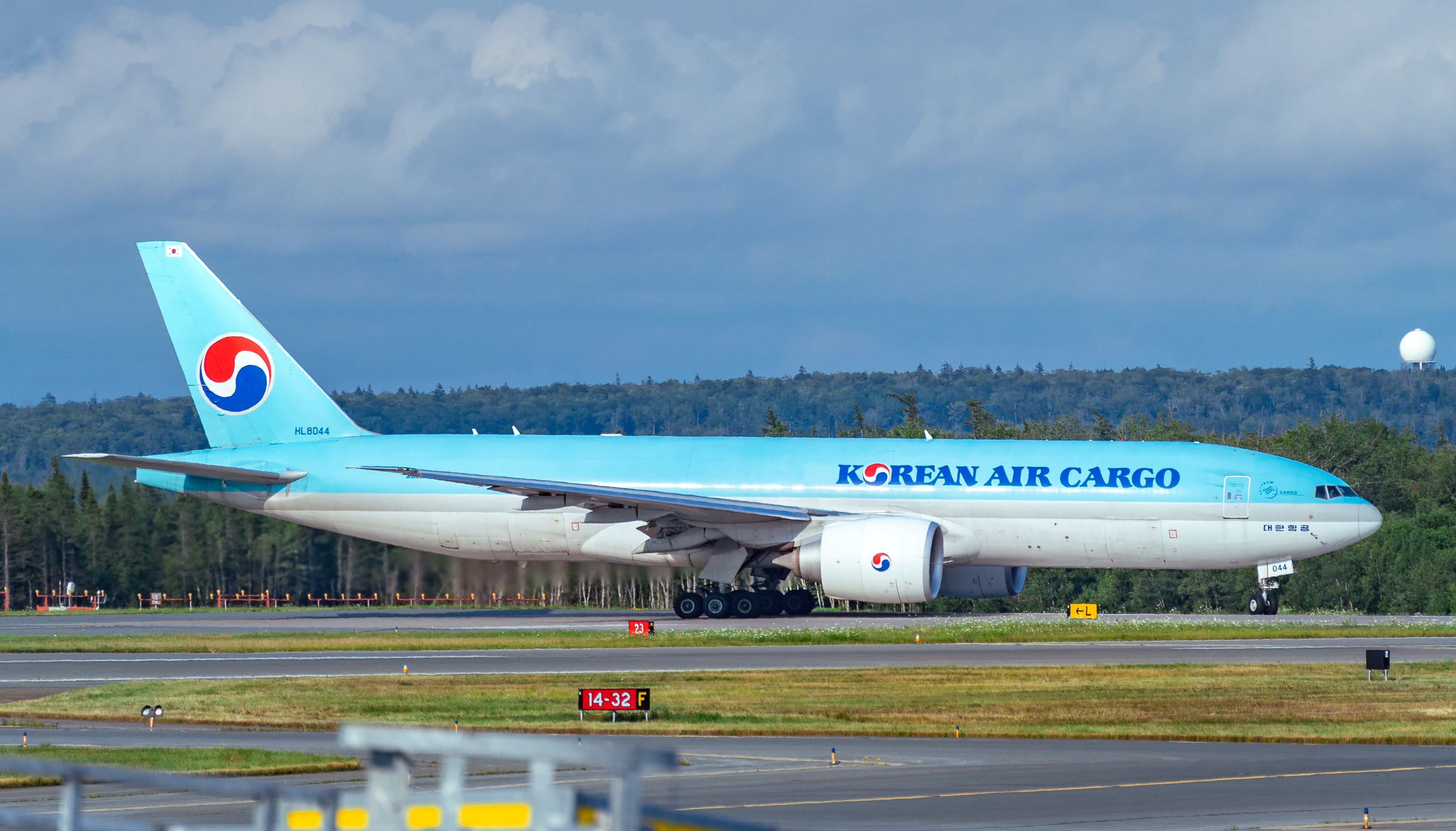 HL8044 — - Korean Air Cargo 777 freighter lining up at Halifax Stanfield.  Shot from the terminal gate area.