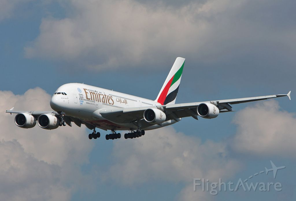 Airbus A380-800 (A6-EOU) - A380 from the Emirates Airline including Sticker World Expo 2020 – Dubai Host City landing approach at FRA Airport.