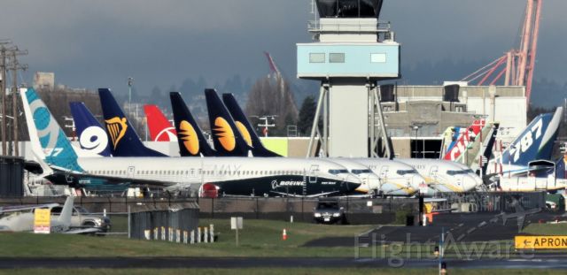 Boeing 737-900 (N7379E) - KBFI - B-737 MAX 9 in front of a few other Boeings lined up at Boeing Field. Does anybody know what Airline tail is between the MAX 9 and the Ryan Air 737? photo date Dec 28 2019.