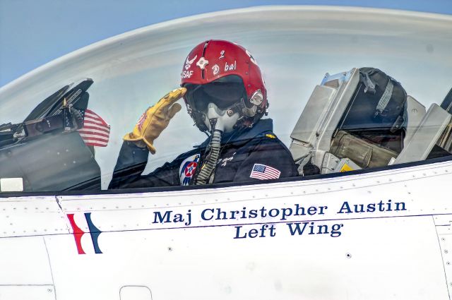 Lockheed F-16 Fighting Falcon — - Maj. Christopher Austin of the USAF Thunderbirds salutes as he taxis back to the ramp after a successful aerial demonstration at Tyndall AFB, Florida.