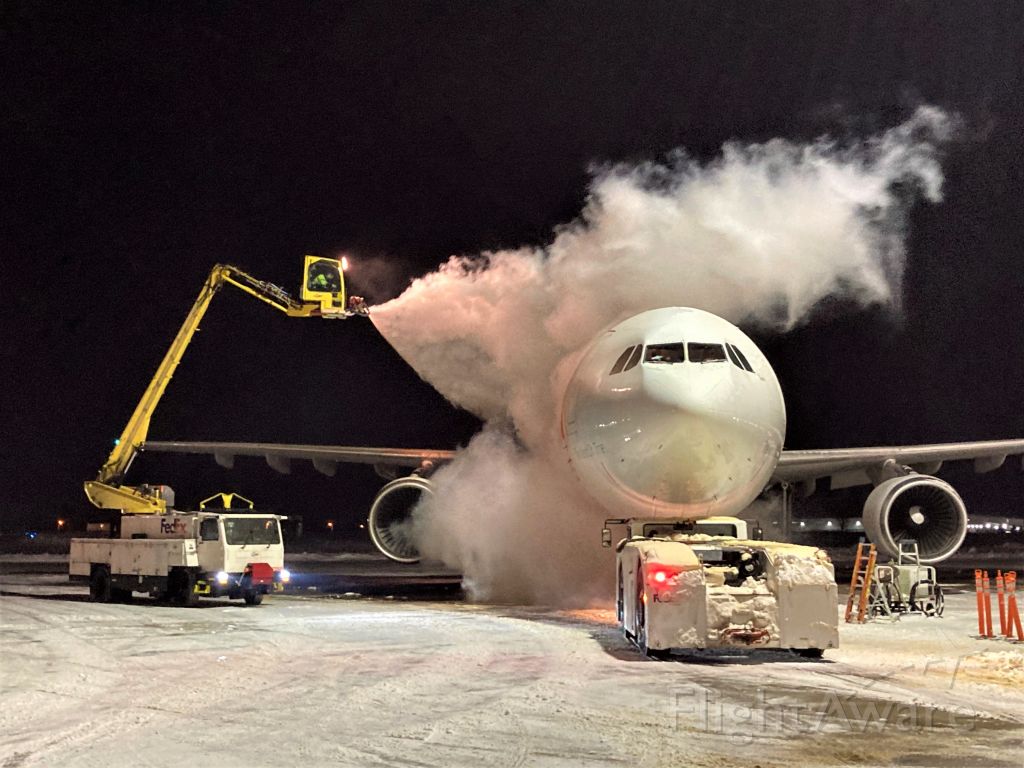 Airbus A300F4-600 (N744FD) - FDX "Grace" is getting the Deicing Treatment on 2-5-2021 at 8 pm.   0F & a brisk 15 mph wind. Departing shortly thereafter for the short Friday night hop to Milwaukee. 