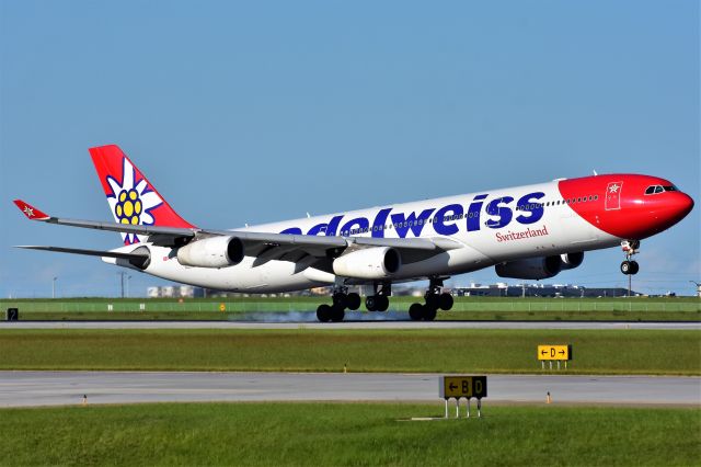 Airbus A340-300 (HB-JME) - Edelweiss Air Airbus A340-313 arriving at YYC on June 30.