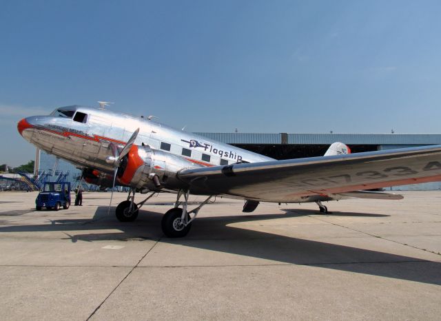 Douglas DC-3 (NC17334) - American's "Flagship Detroit" paid a special visit to JFK in July. It is pictured here near AA's Hanger 10 at JFK.