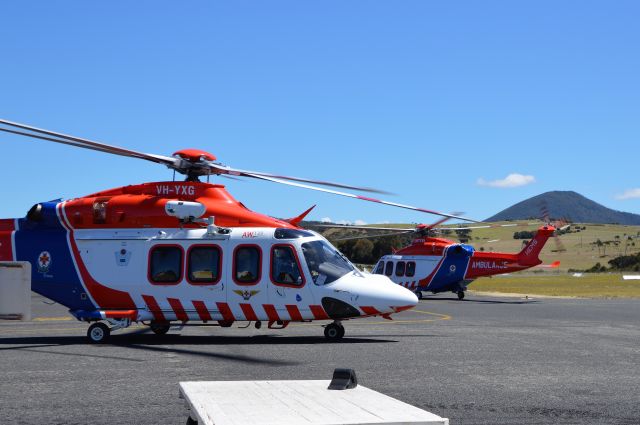 BELL-AGUSTA AB-139 (VH-YXG) - VH-YXG (Hems 2) and VH-YXK ( Hems 5) arriving at Flinders Island for fuel before going to aid of a sinking yacht in Bass Strait, 14 Jan 2018