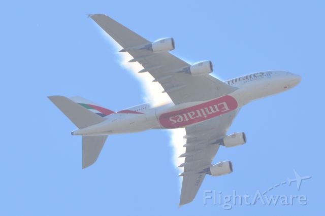 Airbus A380-800 (A6-EEO) - Flight EK406 at about 5,000 feet over Central Auckland on 13 November 2015