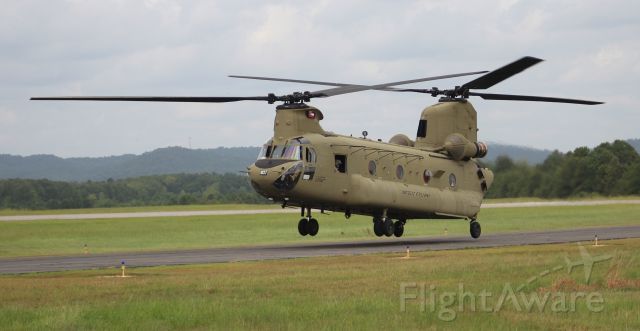Boeing CH-47 Chinook (1008807) - A Boeing CH-47F Chinook arriving on the taxiway at Northeast Alabama Regional Airport, Gadsden, AL after a paratroop drop - August 22, 2019.