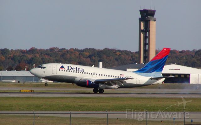 N310DA — - Delta Airlines 737-200 touching down at Nashville, TN in the fall of 2003. FAA registry shows N310DA is no longer assigned to an aircraft (Oct 2011)