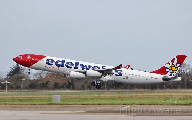 Airbus A340-300 (HB-JMD) - edelweiss air a340-313 hb-jmd dep shannon for zurich after diverting from san jose 16/2/19.