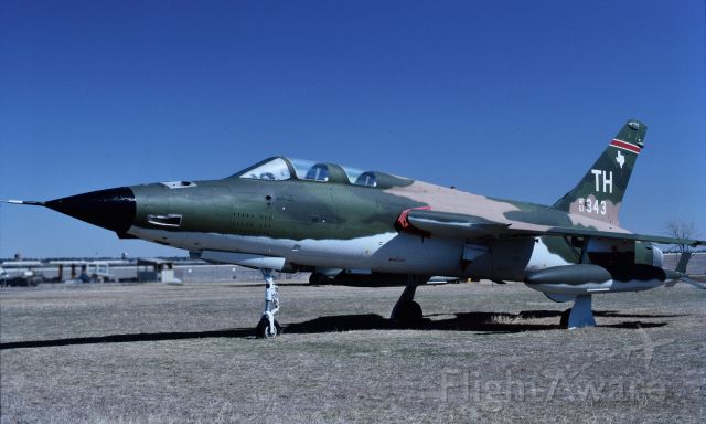 — — - 8343 an F-105-1-RE (MSN F120) 1964: USAF 23rd TFW.  USAF 57th FWW.  1974: USAF 66th FWS (57th FWW).  1976: USAF 57th FWW  Active in October 1978 with 562nd Tactical Fighter Squadron/35th Tactical Fighter Wing at George AFB, California.  1981: USAFR 457th TFS (301st TFW).  1982: Withdrawn from use.  Was preserved at Carswell AFB, TX.  On temporary display outside at Cavanaugh Air Museum, Addison, Texas.