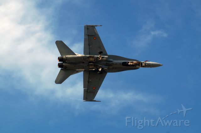 McDonnell Douglas FA-18 Hornet — - Spanish Air Force F18 high speed maneuvering with landing gear, arresting hook and air refueling probe extended.