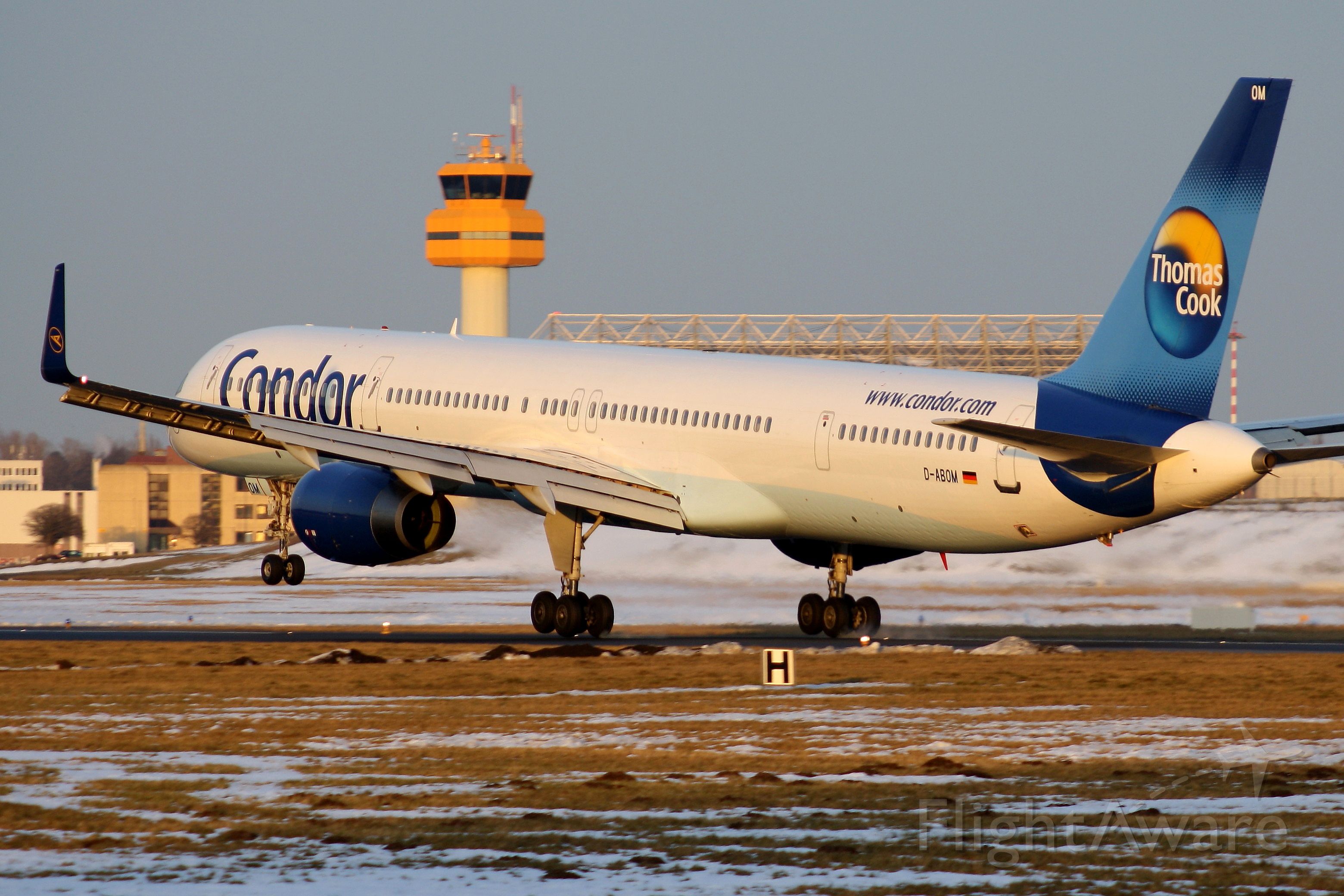BOEING 757-300 (D-ABOM) - Condor touching down in the last rays of the day after a medium-haul-flight from Tenerife
