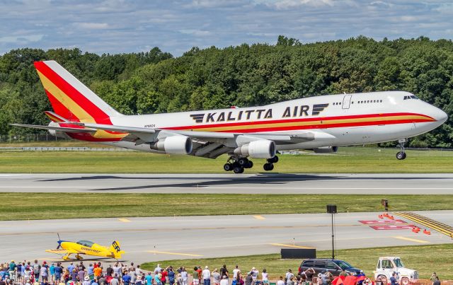 Boeing 747-400 (N708CK) - Some civilian action at the New York Airshow near Newburgh, NY as this Kalitta freighter arrives from Los Angeles and touch down in front of the crowd