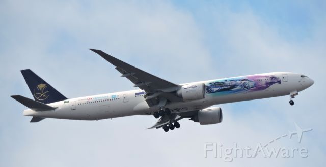 BOEING 777-300 (HZ-AK43) - This "ABB Formula-E Championship" Livery is minutes prior to landing, winter 2019.