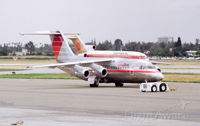British Aerospace BAe-146-200 (N177US) - KSJC - late 1980s after the US Air/PSA merger - this experimental paint scheme did not last too long.!br /br /Serial number 2039 LN:39br /Type Bae 146-200br /First flight date 03/07/1985