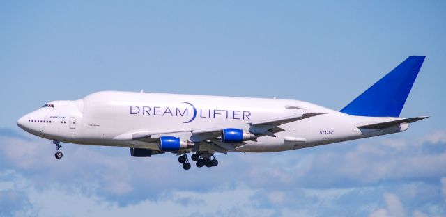 Boeing 747-400 (N747BC) - Making its first ever stop at GSP, the 747 Dream)Lifter about to touch down.  Arriving from Anchorage carrying medical supplies.  A very impressive sight to see! 4/26/20.