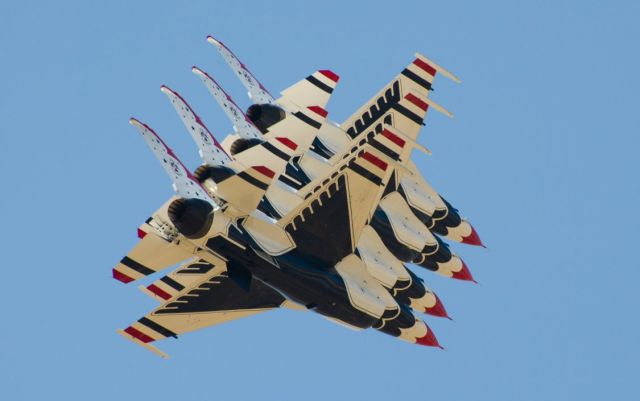 Lockheed F-16 Fighting Falcon — - USAF Flight Demonstration Team Thunderbirds at Riverside Air Field.  May, 2012.